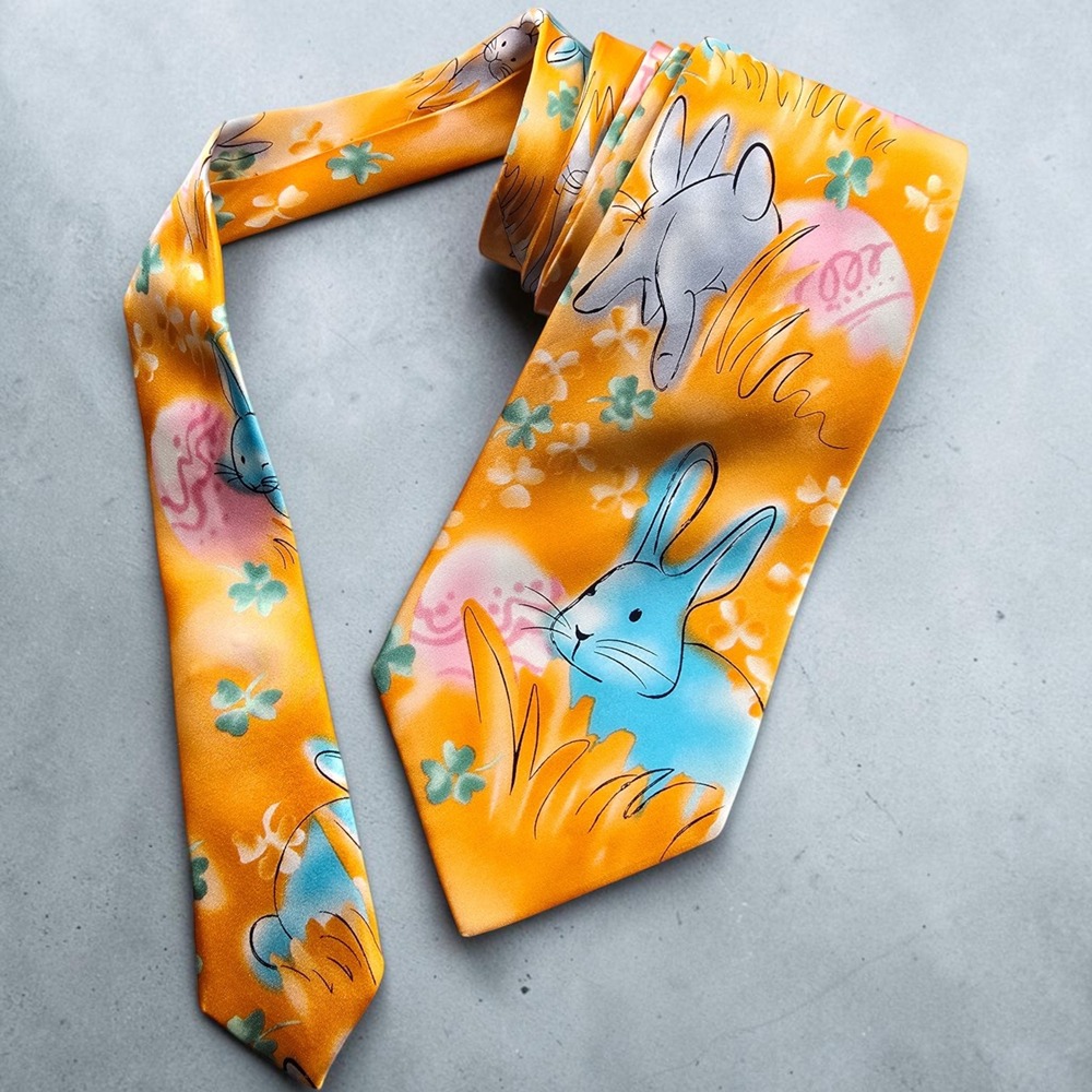 J Garcia Mens Silk Tie Orange Bunny Easter Egg Clover Can I Keep Him George 55
